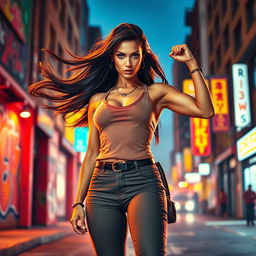 A scene depicting a strong and confident woman standing tall in a vibrant urban environment, showcasing her determination and resilience