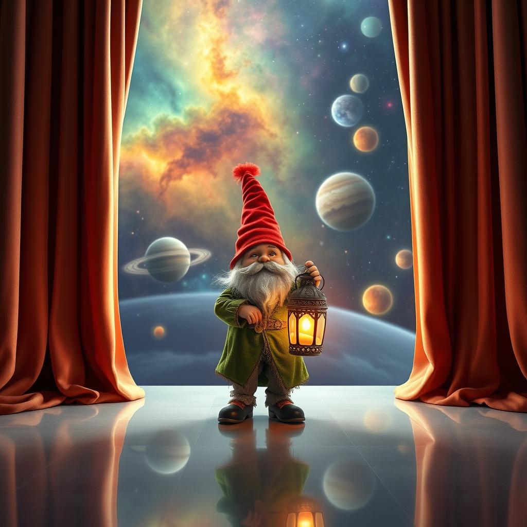 A whimsical scene featuring very long curtains made of fabric that resembles a colorful nebula in space, dramatically opened to reveal the area behind
