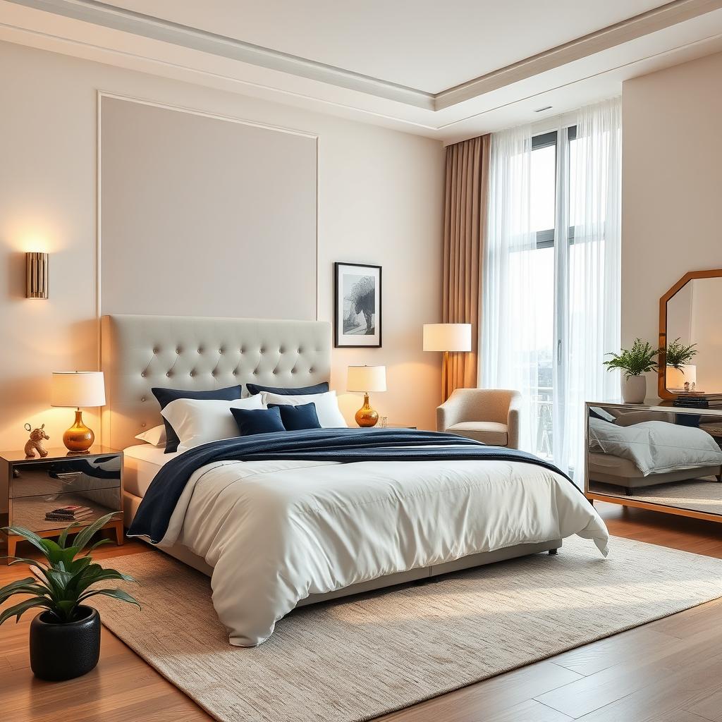 A beautifully designed modern bedroom featuring a large king-size bed with a tufted headboard, adorned with soft, luxurious bedding in shades of white and navy blue