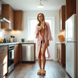 A 34-year-old white woman with long dark blonde hair, wearing a very revealing robe and Ugg slippers, stands in a bright and welcoming kitchen during the early morning