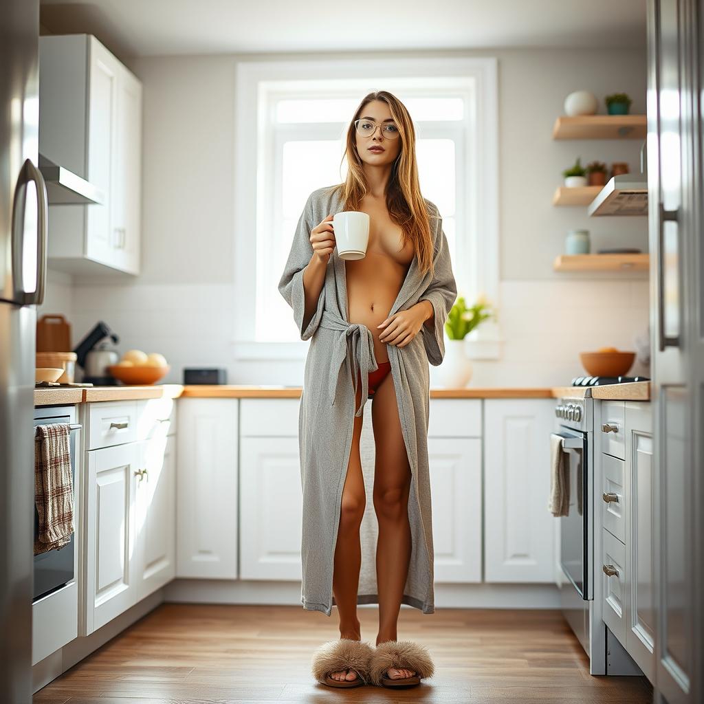 A 34-year-old white woman with long dark blonde hair, wearing a very revealing robe and Ugg slippers, stands in a bright and welcoming kitchen during the early morning