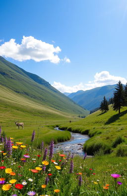 A serene landscape depicting a lush green valley with rolling hills under a clear blue sky