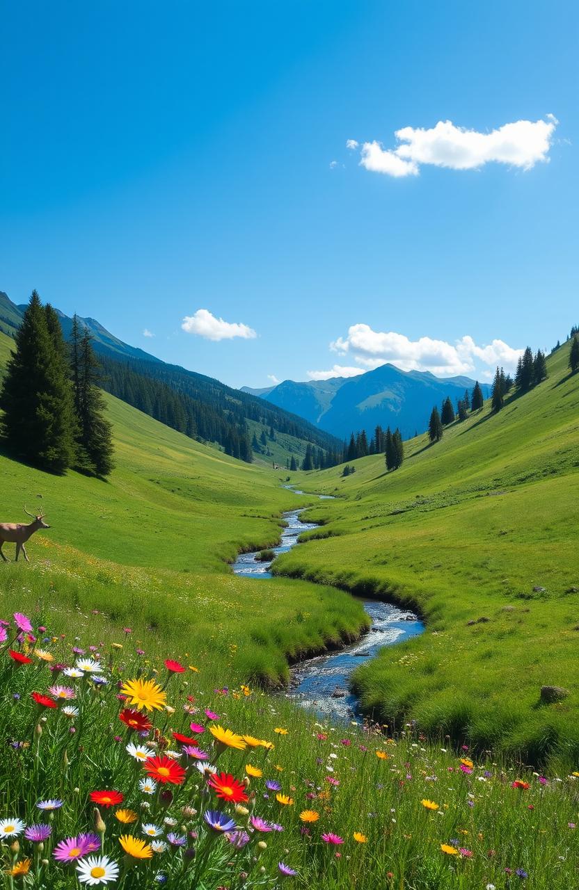 A serene landscape depicting a lush green valley with rolling hills under a clear blue sky