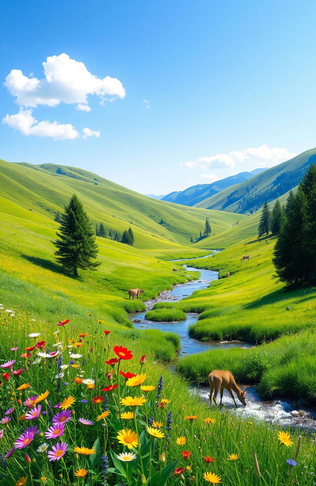 A serene landscape depicting a lush green valley with rolling hills under a clear blue sky