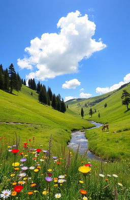 A serene landscape depicting a lush green valley with rolling hills under a clear blue sky