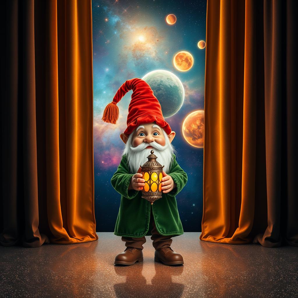 An enchanting scene featuring very long curtains displaying a colorful nebula in space, opened to both sides