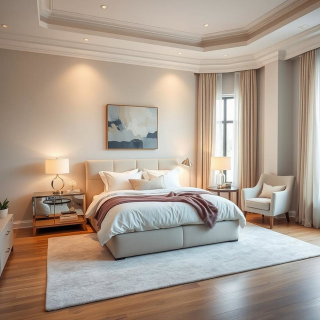 An inviting and stylish interior bedroom design featuring a plush king-sized bed with luxurious bedding in soft pastel colors