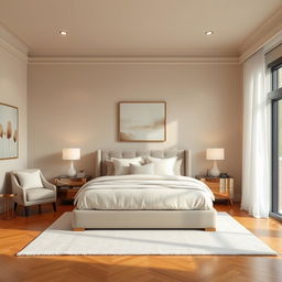An inviting and stylish interior bedroom design featuring a plush king-sized bed with luxurious bedding in soft pastel colors