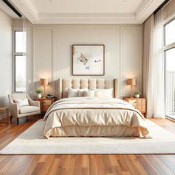 An inviting and stylish interior bedroom design featuring a plush king-sized bed with luxurious bedding in soft pastel colors