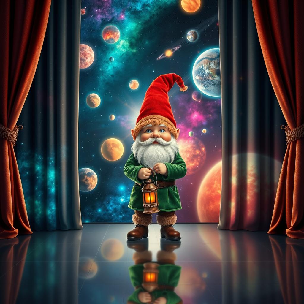A whimsical scene featuring very long curtains depicting a colorful nebula in space, beautifully opened to both sides