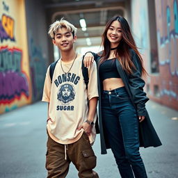 A stylish and vibrant portrait of Suga from BTS, alongside a girl