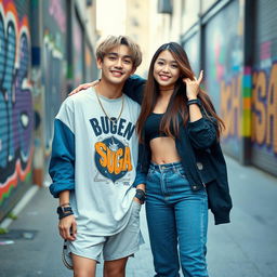 A stylish and vibrant portrait of Suga from BTS, alongside a girl