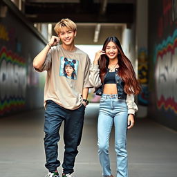 A stylish and vibrant portrait of Suga from BTS, alongside a girl