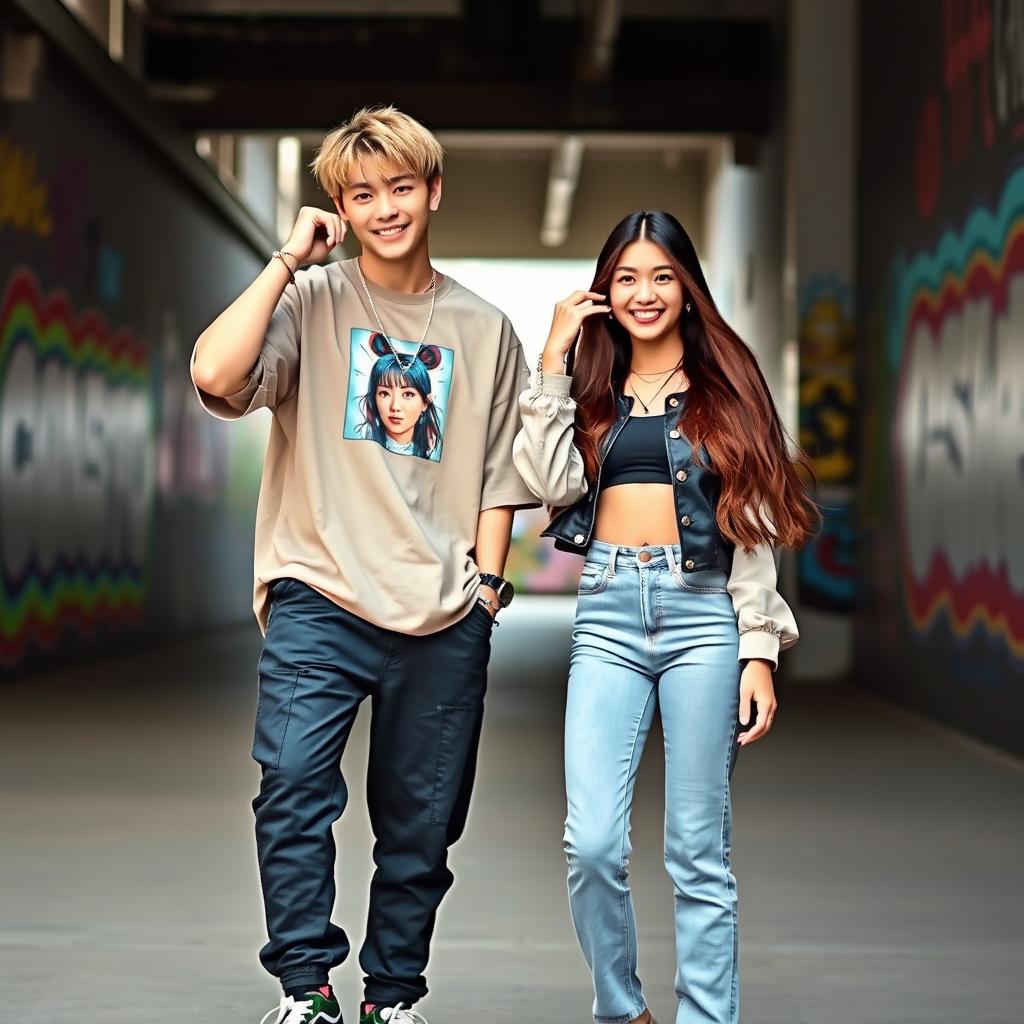 A stylish and vibrant portrait of Suga from BTS, alongside a girl