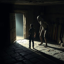A dimly lit basement with a heavy door slightly ajar, casting shadows across the stone floor