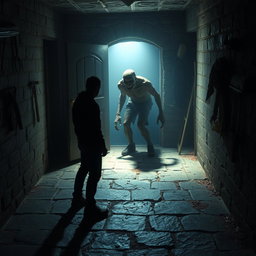 A dimly lit basement with a heavy door slightly ajar, casting shadows across the stone floor