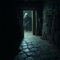 A dimly lit basement with a heavy door slightly ajar, casting shadows across the stone floor