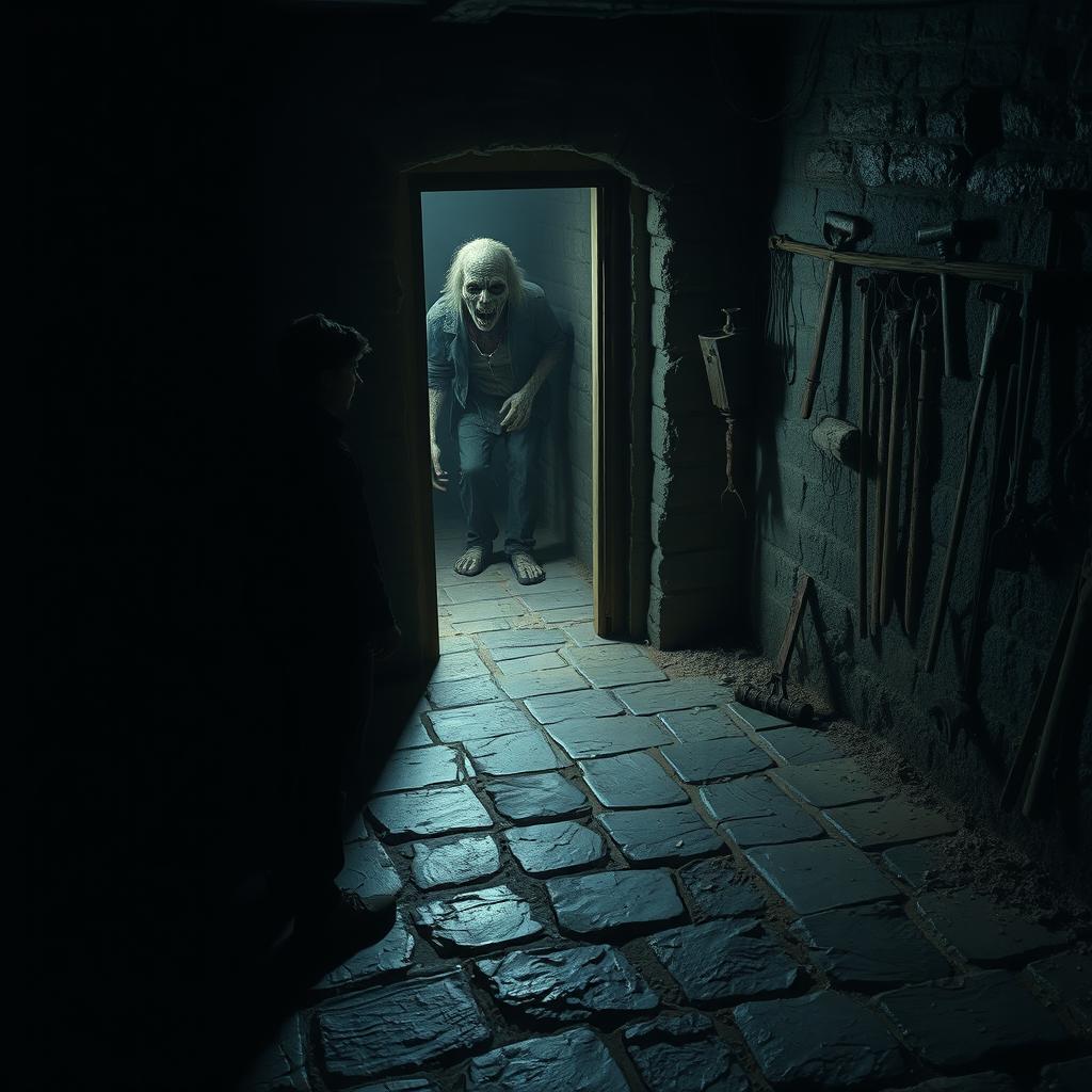 A dimly lit basement with a heavy door slightly ajar, casting shadows across the stone floor