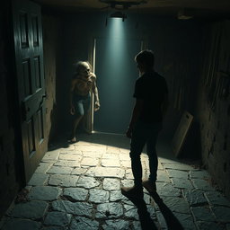 A dimly lit basement with a heavy door slightly ajar, casting shadows across the stone floor