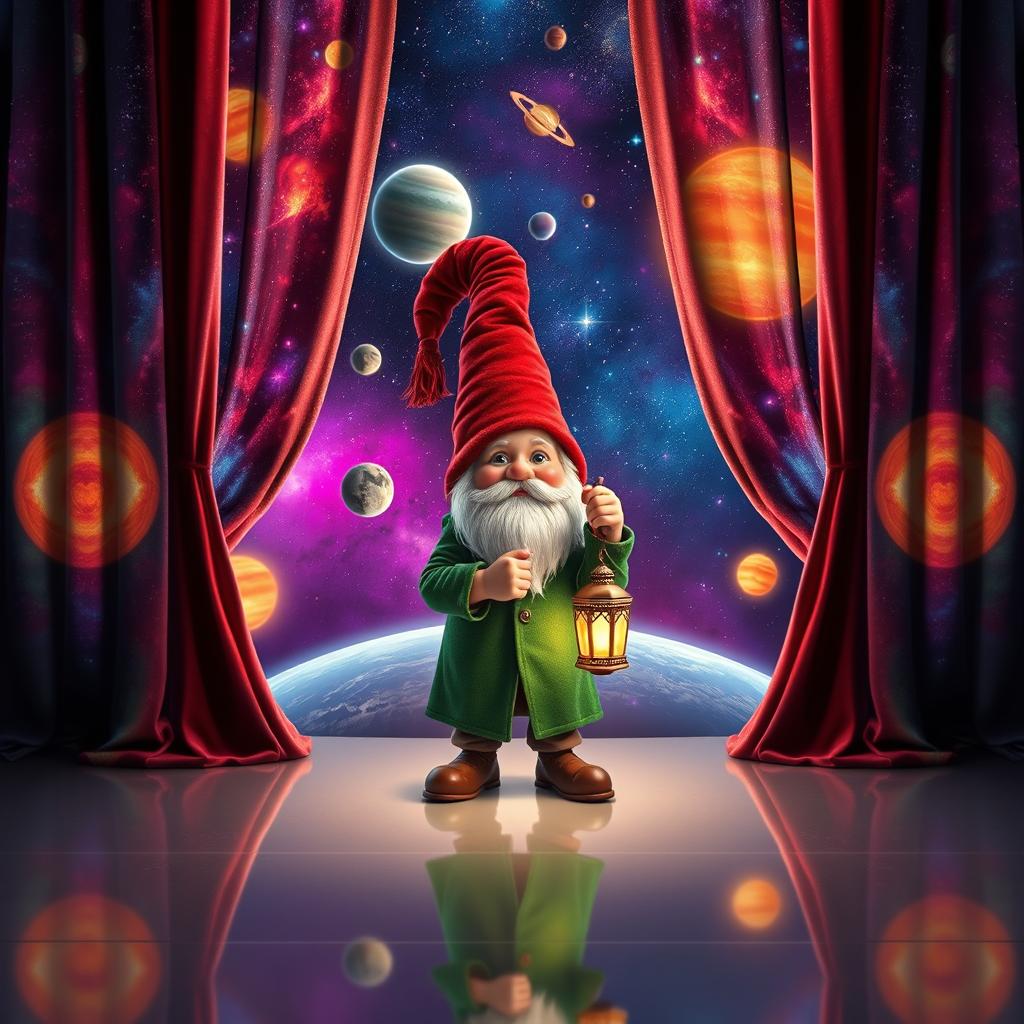 A whimsical scene featuring very long curtains adorned with a colorful nebula in space, opened to both sides