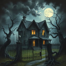 An eerie, haunting painting of a scary old house, shrouded in mist and darkness