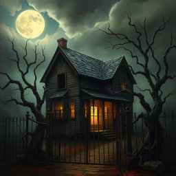 An eerie, haunting painting of a scary old house, shrouded in mist and darkness