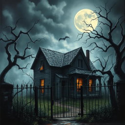 An eerie, haunting painting of a scary old house, shrouded in mist and darkness