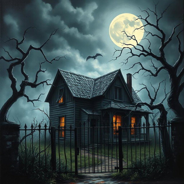 An eerie, haunting painting of a scary old house, shrouded in mist and darkness
