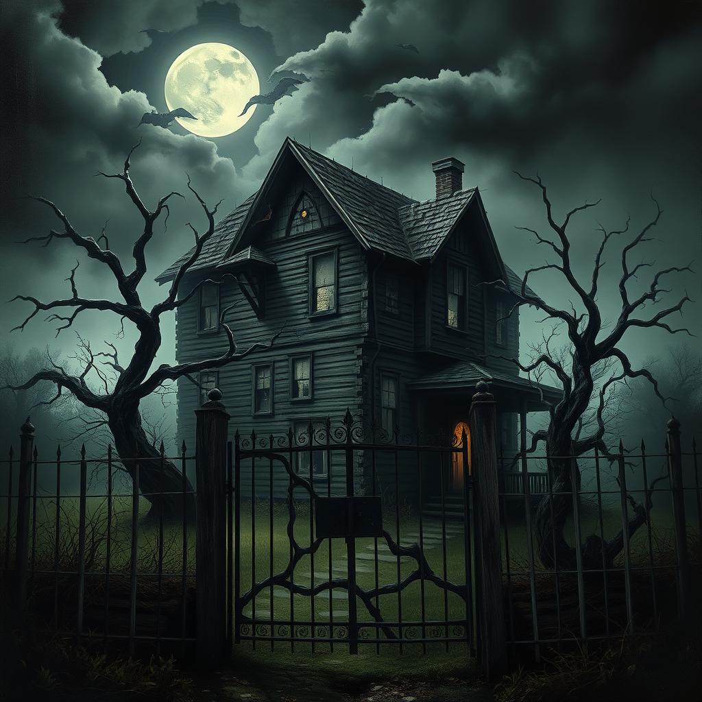 An eerie, haunting painting of a scary old house, shrouded in mist and darkness