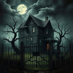 An eerie, haunting painting of a scary old house, shrouded in mist and darkness