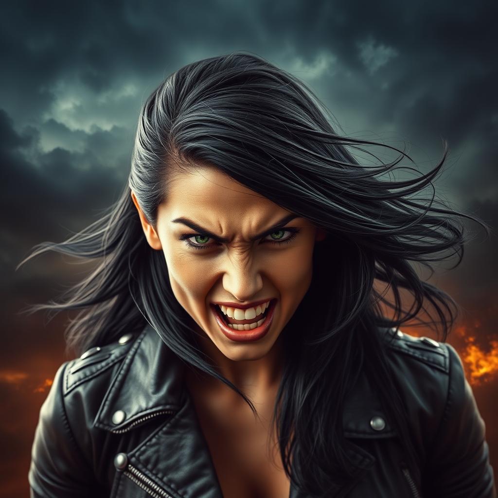 A fierce portrait of an angry woman with a strong expression, her eyebrows furrowed and lips pursed in a snarl