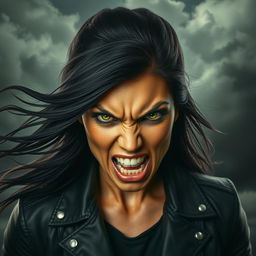 A fierce portrait of an angry woman with a strong expression, her eyebrows furrowed and lips pursed in a snarl