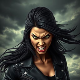 A fierce portrait of an angry woman with a strong expression, her eyebrows furrowed and lips pursed in a snarl