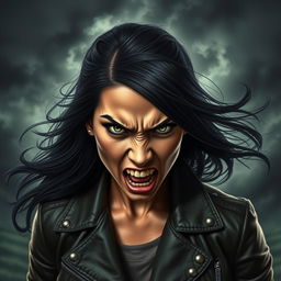 A fierce portrait of an angry woman with a strong expression, her eyebrows furrowed and lips pursed in a snarl