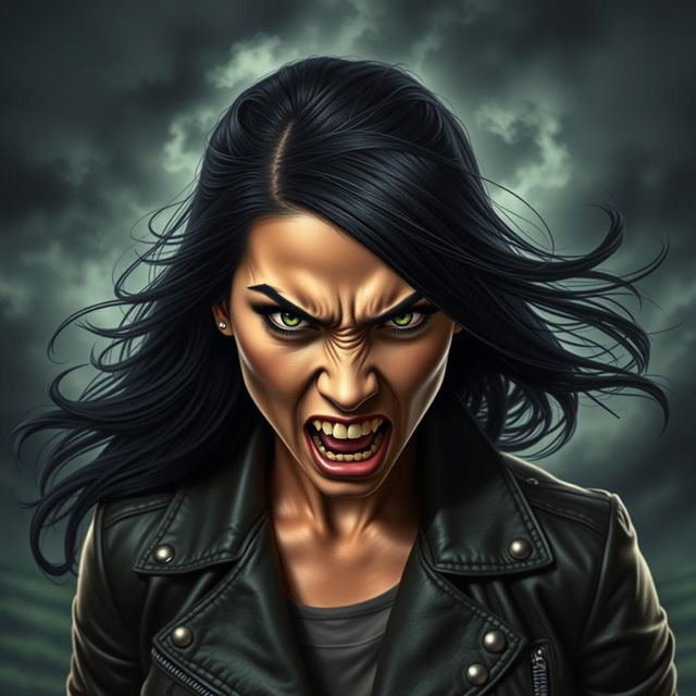 A fierce portrait of an angry woman with a strong expression, her eyebrows furrowed and lips pursed in a snarl