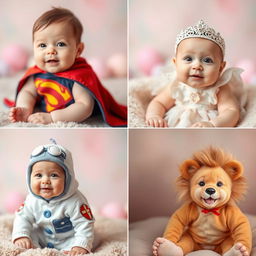 A collection of adorable baby pictures featuring infants dressed in various character costumes, such as a tiny superhero with a cape, a cute princess with a tiara, a little astronaut in a space suit, and a joyful lion cub with a mane