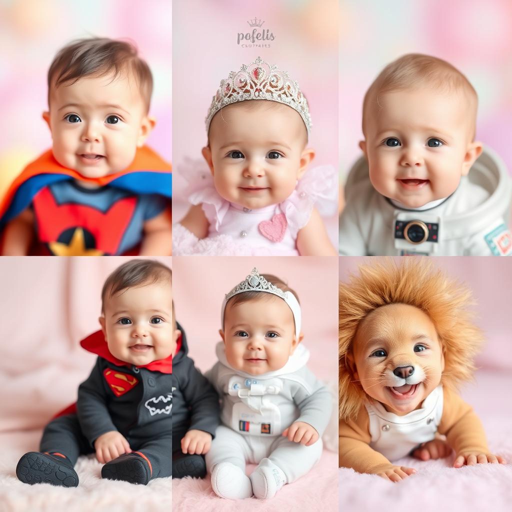 A collection of adorable baby pictures featuring infants dressed in various character costumes, such as a tiny superhero with a cape, a cute princess with a tiara, a little astronaut in a space suit, and a joyful lion cub with a mane