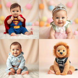 A collection of adorable baby pictures featuring infants dressed in various character costumes, such as a tiny superhero with a cape, a cute princess with a tiara, a little astronaut in a space suit, and a joyful lion cub with a mane