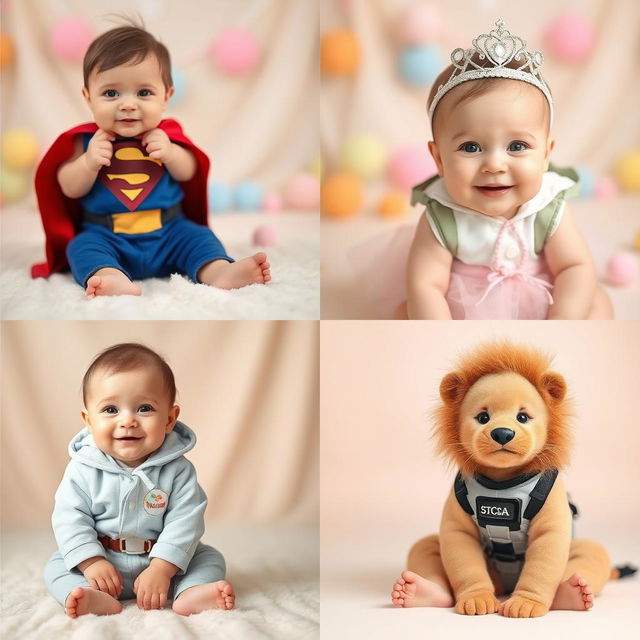 A collection of adorable baby pictures featuring infants dressed in various character costumes, such as a tiny superhero with a cape, a cute princess with a tiara, a little astronaut in a space suit, and a joyful lion cub with a mane