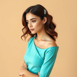 A young woman exudes elegance in a professional aquamarine dress, showcasing minimal yet captivating poses