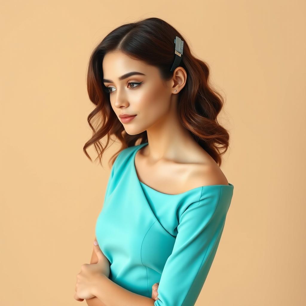 A young woman exudes elegance in a professional aquamarine dress, showcasing minimal yet captivating poses