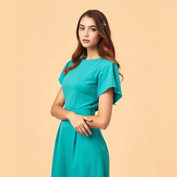 A young woman exudes elegance in a professional aquamarine dress, showcasing minimal yet captivating poses