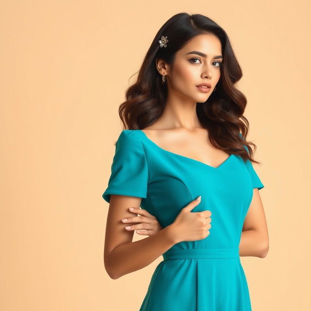 A young woman exudes elegance in a professional aquamarine dress, showcasing minimal yet captivating poses