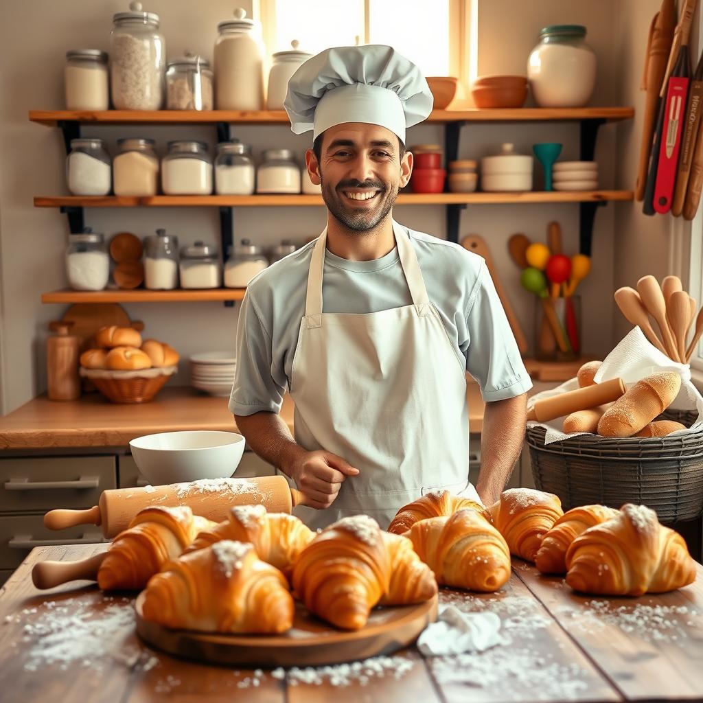 A cheerful baker in a cozy kitchen, surrounded by an array of fresh pastries and bread