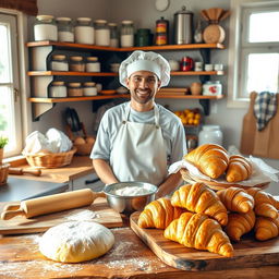 A cheerful baker in a cozy kitchen, surrounded by an array of fresh pastries and bread