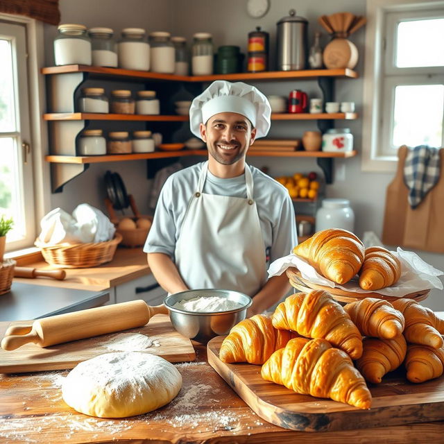 A cheerful baker in a cozy kitchen, surrounded by an array of fresh pastries and bread