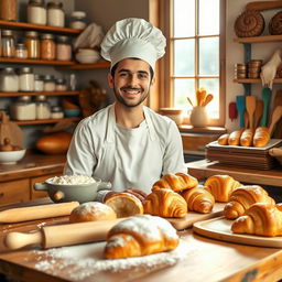 A cheerful baker in a cozy kitchen, surrounded by an array of fresh pastries and bread