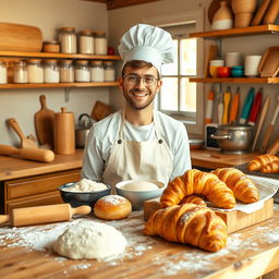 A cheerful baker in a cozy kitchen, surrounded by an array of fresh pastries and bread