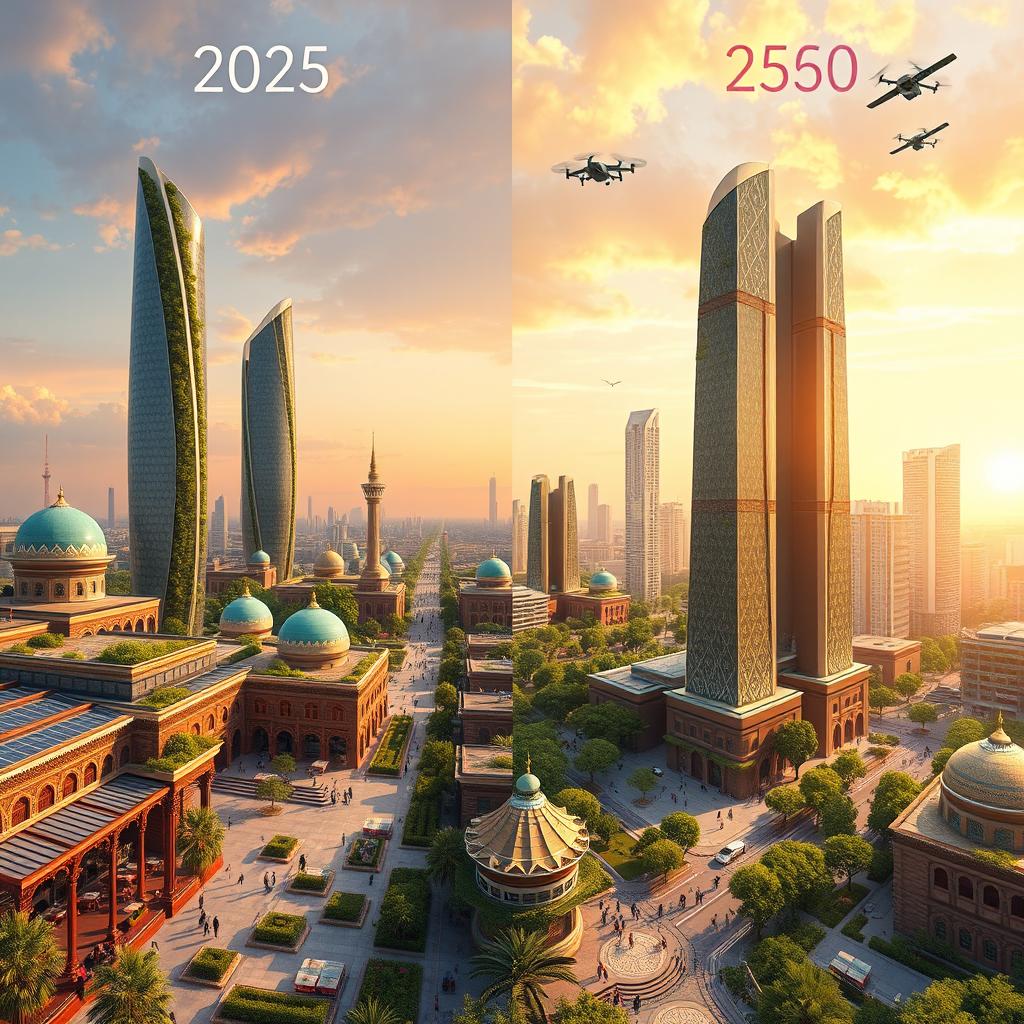 A futuristic cityscape of Uzbekistan, showcasing a blend of traditional Uzbek architecture and modern skyscrapers filled with greenery