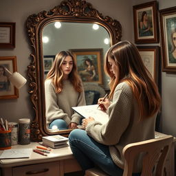 A young woman sitting at a vanity, facing a large ornate mirror, intently drawing a self-portrait